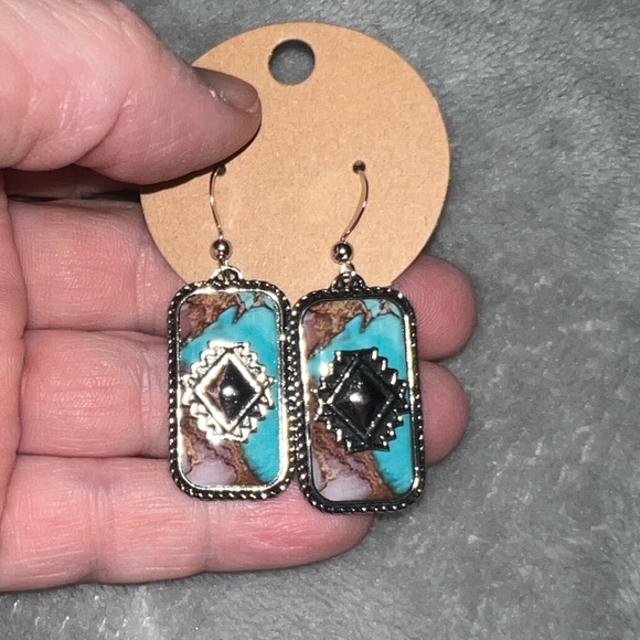 None Jewelry - Artisan Turquoise and Black Geometric Earrings